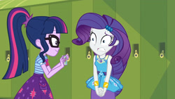 Size: 3410x1920 | Tagged: safe, screencap, rarity, sci-twi, twilight sparkle, equestria girls, equestria girls series, g4, holidays unwrapped, o come all ye squashful, spoiler:eqg series (season 2), bowtie, bracelet, cellphone, clothes, cutie mark, cutie mark on clothes, duo, duo female, female, geode of shielding, geode of telekinesis, glasses, hairpin, jewelry, lockers, magical geodes, necklace, phone, ponytail, rarity peplum dress, shrunken pupils, smartphone, smiling