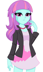 Size: 837x1388 | Tagged: safe, artist:rosemile mulberry, sunny flare, equestria girls, g4, adoraflare, alternate hairstyle, clothes, cute, dress, female, frown, jacket, jewelry, long hair, looking at you, necklace, raised eyebrow, simple background, solo, sunny flare is principal cinch's daughter/relative, white background