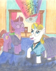 Size: 1146x1466 | Tagged: safe, artist:pianoflagerag, oc, oc only, oc:guiding light, oc:starlight oath, pony, unicorn, atg 2021, clothes, diploma, father and child, father and daughter, female, glowing horn, graduation, happy, horn, magic, magic aura, male, music notes, newbie artist training grounds, pride, quill, robe, school, stage, traditional art