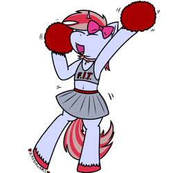 Size: 1000x1000 | Tagged: safe, artist:skydreams, oc, oc only, oc:cinnamon lightning, pony, unicorn, bell, belly, belly button, bipedal, bow, cheerleader, cheerleader outfit, chest fluff, clothes, collar, crossdressing, female to male, femboy, fillydelphia institute of technology, male, no neck, patreon, patreon reward, pom pom, rule 63, short shirt, simple background, skirt, stallion, unshorn fetlocks, white background