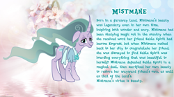 Size: 4617x2590 | Tagged: safe, artist:andoanimalia, mistmane, pony, unicorn, g4, bio, blue eyes, clothed ponies, clothes, curved horn, cutie mark, eyebrows, eyelashes, female, flower, flowing mane, flowing tail, horn, mare, show accurate, story included, tail, text