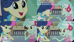 Size: 1280x720 | Tagged: safe, edit, edited screencap, editor:quoterific, screencap, bon bon, lyra heartstrings, sandalwood, sweetie drops, all's fair in love & friendship games, equestria girls, g4, my little pony equestria girls: friendship games, adorabon, canterlot high, cute, duo focus, female, lesbian, looking at each other, lyrabetes, male, open mouth, open smile, pointing, ship:lyrabon, shipping, smiling, smiling at each other