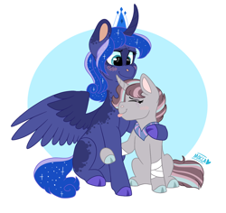 Size: 1800x1697 | Tagged: safe, artist:moccabliss, princess luna, oc, oc:saki, pony, unicorn, g4, blushing, cloven hooves, curved horn, female, horn, mare, tongue out