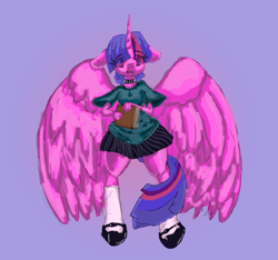 Size: 2511x2349 | Tagged: safe, artist:dn0, twilight sparkle, alicorn, anthro, g4, book, clothes, colored sketch, floppy ears, high res, shirt, simple background, skirt, solo, twilight sparkle (alicorn), worried