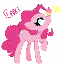 Size: 1917x2077 | Tagged: safe, artist:kindakismet, pinkie pie, earth pony, pony, g4, balancing, cupcake, cute, diapinkes, food, ponies balancing stuff on their nose, ponk, profile, simple background, smiling, solo, white background