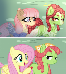 Size: 1274x1422 | Tagged: safe, artist:xxcheerupxxx, screencap, fluttershy, tree hugger, earth pony, pegasus, pony, g4, make new friends but keep discord, season 5, alternate design, female, looking at each other, mare, open mouth, open smile, scene interpretation, screencap reference, smiling, smiling at each other