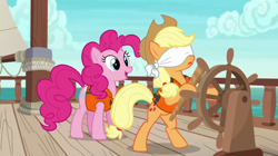 Size: 1920x1076 | Tagged: safe, screencap, applejack, pinkie pie, earth pony, pony, g4, ppov, season 6, applejack's hat, bipedal, blindfold, cowboy hat, duo, duo female, female, hat, lifejacket, open mouth, ship, steering wheel, surprised