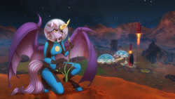 Size: 1280x721 | Tagged: safe, artist:st. oni, oc, oc only, oc:nebula eclipse, bat pony, anthro, 16:9, bat pony oc, bat wings, commission, crossover, game, mars, plant, rocket, screenshot background, solo, space, spacesuit, stars, surviving mars, wings
