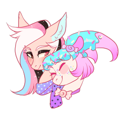 Size: 1300x1200 | Tagged: safe, artist:lavvythejackalope, oc, oc only, oc:sugar pop, earth pony, pony, bust, clothes, ear fluff, earth pony oc, makeup, nuzzling, oc x oc, scarf, shipping, simple background, smiling, transparent background