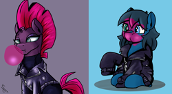 Size: 2029x1116 | Tagged: safe, artist:dsana, tempest shadow, oc, oc:lullaby dusk, pegasus, pony, unicorn, comic:a storm's lullaby, g4, broken horn, bubblegum, clothes, dsana is trying to murder us, female, filly, foal, food, gum, horn, jacket, leather jacket, mare, oversized clothes