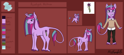 Size: 4514x2000 | Tagged: safe, artist:misskanabelle, oc, oc only, oc:amethyst althaea, unicorn, anthro, unguligrade anthro, abstract background, anthro with ponies, base used, clothes, female, horn, leonine tail, mare, pants, reference sheet, signature, solo, unicorn oc