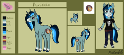 Size: 4514x2000 | Tagged: safe, artist:misskanabelle, oc, oc only, oc:arietta, pony, unicorn, anthro, unguligrade anthro, abstract background, anthro with ponies, base used, clothes, female, horn, magical lesbian spawn, mare, offspring, pants, parent:octavia melody, parent:vinyl scratch, parents:scratchtavia, reference sheet, signature, solo, unicorn oc