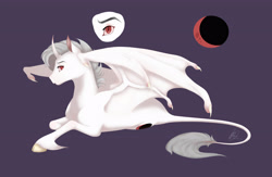 Size: 4000x2600 | Tagged: safe, artist:eperyton, oc, oc only, alicorn, bat pony, bat pony alicorn, pony, bat pony oc, bat wings, crescent moon, curved horn, horn, leonine tail, lying down, male, moon, parent:princess luna, prone, purple background, red eyes, simple background, stallion, wings