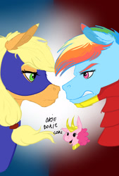 Size: 1080x1600 | Tagged: safe, artist:eperyton, applejack, pinkie pie, rainbow dash, earth pony, pegasus, pony, g4, abstract background, angry, bust, captain america, captain america: civil war, female, iron man, loki, mare, smiling