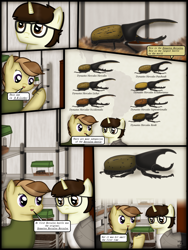 Size: 1750x2333 | Tagged: safe, artist:99999999000, oc, oc only, oc:cwe, oc:zhang cathy, beetle, earth pony, insect, pony, rhinoceros beetle, unicorn, comic:visit, clothes, comic, female, glasses, hercules beetle, male