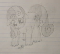 Size: 1280x1167 | Tagged: safe, artist:essentialsingularity, junebug, pony, g4, atg 2021, crying, cute, female, flower, newbie artist training grounds, pencil drawing, sad, solo, traditional art, unshorn fetlocks