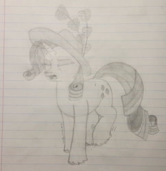 Size: 1280x1323 | Tagged: safe, artist:essentialsingularity, rarity, pony, unicorn, g4, atg 2021, female, hat, newbie artist training grounds, pencil drawing, solo, traditional art, trembling, unshorn fetlocks, walking