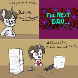 Size: 2000x2000 | Tagged: safe, artist:phutashi, raven, pony, unicorn, g4, computer, female, hair bun, high res, job interview, laptop computer, lying, mare, necktie, paperwork, reference, secretary, spongebob reference, spongebob squarepants, this will end in tears
