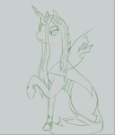 Size: 723x848 | Tagged: source needed, safe, artist:lawliet13, queen chrysalis, changeling, changeling queen, pony, g4, female, raised hoof, sitting, sketch, smiling, solo