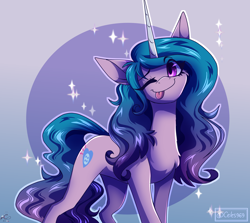 Size: 2800x2500 | Tagged: safe, artist:celes-969, izzy moonbow, pony, unicorn, g5, ;p, abstract background, chest fluff, cute, female, gradient background, high res, izzybetes, looking at you, mare, one eye closed, solo, sparkles, tongue out, wink