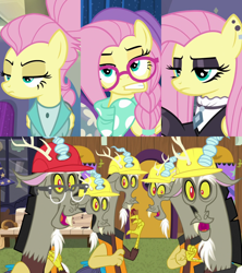 Size: 2732x3072 | Tagged: safe, edit, edited screencap, screencap, discord, fluttershy, draconequus, pegasus, pony, discordant harmony, fake it 'til you make it, g4, alternate hairstyle, discord crew, discord gets all the fluttershies, expressions, female, fluttergoth, glasses, goth, hard hat, high res, hipstershy, male, safety vest, severeshy, ship:discoshy, shipping, shipping domino, straight