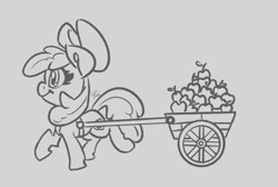 Size: 1898x1279 | Tagged: safe, artist:leadhooves, apple bloom, earth pony, pony, g4, adorabloom, apple, cart, cute, female, filly, food, grayscale, monochrome, solo, walking