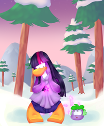 Size: 1500x1800 | Tagged: safe, artist:mini-chazz, spike, twilight sparkle, bird, penguin, g4, club penguin, crossover, crystal, female, male, pine tree, puffle, snow, tree
