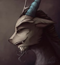Size: 1046x1136 | Tagged: safe, artist:aserehtblue, discord, draconequus, g4, beard, bust, dark, facial hair, fangs, glare, grin, horn, male, narrowed eyes, open mouth, portrait, signature, smiling, solo