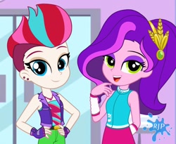 Size: 1280x1050 | Tagged: safe, artist:rjp.rammy, pipp petals, zipp storm, equestria girls, g4, g5, belt, clothes, duo, ear piercing, earring, equestria girls-ified, eyeshadow, female, fingerless gloves, g5 to equestria girls, g5 to g4, generation leap, gloves, hand on hip, jeans, jewelry, makeup, necklace, open mouth, pants, piercing, siblings, sisters, skinny pipp, skirt, sleeveless, tank top, vest
