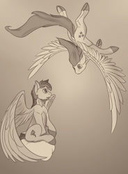 Size: 1280x1737 | Tagged: safe, artist:tenebrisnoctus, fluttershy, rainbow dash, pegasus, pony, g4, cloud, duo, female, flying, mare, on a cloud, sepia, sitting, sitting on a cloud, spread wings, wings