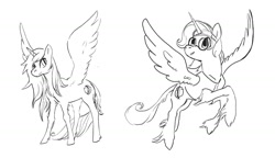 Size: 1553x894 | Tagged: safe, artist:spectralunicorn, oc, oc only, oc:nyx, alicorn, classical unicorn, pony, unicorn, black and white, clothes, cloven hooves, female, filly, glasses, grayscale, horn, leonine tail, monochrome, solo, spread wings, unshorn fetlocks, vest, wings