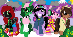 Size: 905x464 | Tagged: artist needed, safe, artist:samm56641, oc, oc:samm56641, unnamed oc, alicorn, earth pony, pegasus, pony, unicorn, g4, aunt arctic, base used, clothes, club penguin, dj cadence, freckles, ponified, puffle handler, red and black oc