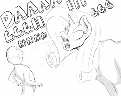 Size: 4096x3248 | Tagged: safe, artist:elewdfurs, rarity, oc, oc:anon, human, pony, unicorn, g4, darling, dialogue, female, mare, monochrome, open mouth, spittle, traditional royal canterlot voice, yelling