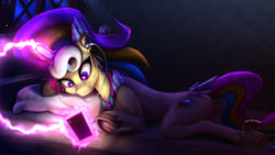 Size: 1536x864 | Tagged: safe, artist:calena, oc, oc only, oc:trinity deblanc (new), crystal pony, original species, pony, unicorn, adorable face, bed, cellphone, crystal, crystal horn, cute, ear piercing, earbuds, frog (hoof), headphones, hooves, horn, jewelry, light, lying down, magic, male, multicolored hair, multicolored mane, multicolored tail, new design, night, original character do not steal, phone, piercing, pillow, redesign, smartphone, solo, underhoof, window