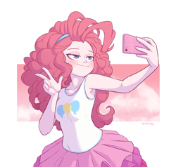 Size: 2100x2000 | Tagged: safe, artist:skittlebuggy, pinkie pie, equestria girls, equestria girls series, g4, female, high res, lidded eyes, peace sign, phone, selfie, solo, taking a photo