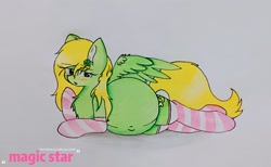 Size: 2340x1440 | Tagged: safe, artist:magic star, oc, oc only, oc:horsewhite, pegasus, pony, belly, belly button, blushing, chest fluff, clothes, female, hairpin, looking at you, outie belly button, pregnant, socks, solo, striped socks, traditional art
