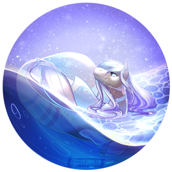 Size: 900x900 | Tagged: safe, artist:paintedwave, oc, oc only, hybrid, merpony, seapony (g4), blue eyes, fins, fish tail, flowing mane, flowing tail, looking up, ocean, partially submerged, simple background, sky, smiling, solo, stars, swimming, tail, transparent background, underwater, water