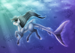 Size: 2400x1700 | Tagged: safe, artist:yazmen10, oc, oc only, fish, hybrid, original species, shark, shark pony, black mane, bubble, crepuscular rays, dorsal fin, fish tail, flowing mane, flowing tail, ocean, smiling, solo, sunlight, swimming, tail, underwater, water, yellow eyes