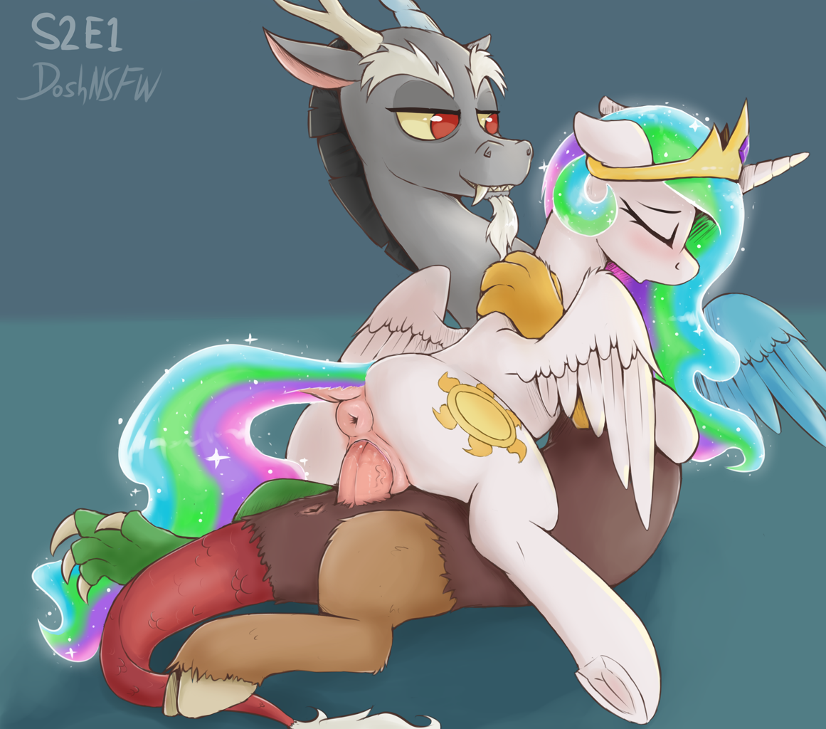 2650641 - explicit, artist:dosh, discord, princess celestia, alicorn,  draconequus, pony, series:doshs mare-a-thon, g4, the return of harmony,  anatomically correct, anus, butt, dark genitals, ethereal mane, eyes  closed, female, floppy ears, frog (hoof), high
