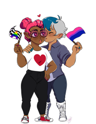 Size: 1700x2200 | Tagged: safe, artist:theartfox2468, oc, oc only, oc:elizabat stormfeather, oc:venus red heart, human, bisexual pride flag, blushing, boots, cheek kiss, clothes, converse, dark skin, elf ears, eyes closed, female, glasses, heart, heart eyes, holding a flag, hug, humanized, humanized oc, jeans, kissing, lesbian, nail polish, oc x oc, open mouth, pants, pride, pride flag, shipping, shirt, shoes, simple background, straight ally flag, t-shirt, transparent background, wingding eyes