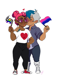 Size: 1700x2200 | Tagged: safe, alternate version, artist:theartfox2468, oc, oc only, oc:elizabat stormfeather, oc:venus red heart, human, barely pony related, bisexual pride flag, blushing, boots, cheek kiss, clothes, converse, dark skin, elf ears, eyes closed, female, glasses, heart, heart eyes, holding a flag, hug, humanized, humanized oc, jeans, kissing, lesbian, nail polish, oc x oc, open mouth, pants, pride, pride flag, shipping, shirt, shoes, simple background, sneakers, straight ally flag, t-shirt, white background, wingding eyes