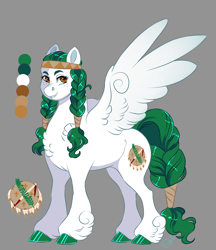 Size: 1350x1560 | Tagged: safe, alternate version, artist:theartfox2468, oc, oc only, oc:olivia leaf, pegasus, pony, braid, chest fluff, female, freckles, gray background, grin, headband, leg fluff, mare, oklahoma, reference sheet, simple background, smiling, solo, state ponies, unshorn fetlocks