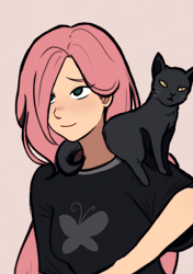 Size: 2039x2893 | Tagged: safe, artist:meliciamelano, fluttershy, cat, human, animal, black shirt, clothes, high res, humanized, long hair, pet, shirt, simple background, smiling, solo, t-shirt