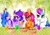 Size: 1525x1080 | Tagged: safe, artist:stacy_165cut, izzy moonbow, pipp petals, sunny starscout, zipp storm, earth pony, pegasus, pony, unicorn, g5, my little pony: a new generation, adorapipp, adorazipp, chopsticks, cup, cute, digital art, drink, eating, female, green background, horn, horn impalement, izzy impaling things, izzybetes, leaves, mare, simple background, smiling, stars, sunnybetes, table, takoyaki