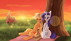 Size: 3080x1768 | Tagged: safe, artist:maybeweed, applejack, rarity, earth pony, pony, unicorn, g4, blushing, chest fluff, evening, eyes closed, female, human shoulders, lesbian, ship:rarijack, shipping, sunset, tree