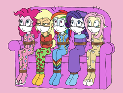 Size: 1768x1351 | Tagged: safe, artist:bugssonicx, applejack, fluttershy, pinkie pie, rainbow dash, rarity, human, equestria girls, g4, bondage, bound and gagged, cloth gag, clothes, couch, emanata, female, footed sleeper, footie pajamas, freshman, gag, help us, humane five, nightgown, onesie, over the nose gag, pajamas, rainbond dash, rope, rope bondage, sitting, sleep mask, sleepover, slumber party, teary eyes, tied up, younger