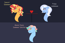 Size: 1280x854 | Tagged: safe, artist:itstechtock, sunset shimmer, trixie, oc, oc:hocus pocus summer solstice, pony, unicorn, g4, family tree, headcanon in the description, horn, magical lesbian spawn, offspring, parent:sunset shimmer, parent:trixie, parents:suntrix, story included, unicorn oc