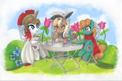 Size: 1000x667 | Tagged: safe, artist:bronyfair, artist:bronyscot, artist:buckcon, oc, oc:britannia, oc:nessie (bronyscot), oc:unity (brony fair), b.u.c.k., afternoon tea, brony fair, bronyscot, day, mascot, sitting, tea party, trio