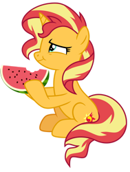 Size: 1024x1357 | Tagged: safe, artist:emeraldblast63, sunset shimmer, pony, unicorn, g4, eating, female, food, herbivore, mare, simple background, sitting, solo, transparent background, watermelon