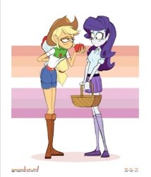 Size: 850x991 | Tagged: safe, artist:moondreewed, applejack, rarity, human, equestria girls, g4, apple, basket, bouquet, bouquet of flowers, clothes, eyeshadow, female, flower, food, lesbian, lesbian pride flag, makeup, picnic basket, pride, pride flag, ship:rarijack, shipping, simple background